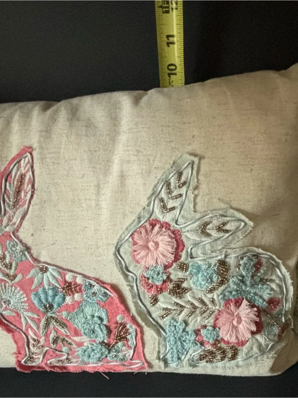 Pier 1 Appliqué Embroidered Rabbit Design Pillow Boho Cottagecore Fringe 20x11